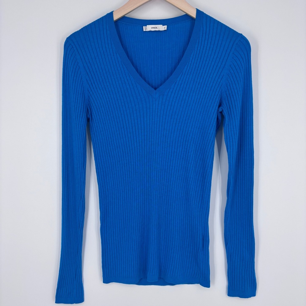 Vince Ribbed V-Neckโ Sweater Womens Medium Blue Cashmere Blend Minimalist Chic